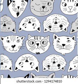 Vector seamless pattern with white cat. Hand drawn illustration of kitten  1