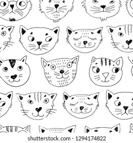 Vector seamless pattern with white cat. Hand drawn illustration of kitten  4