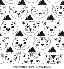 Vector seamless pattern with white cat. Hand drawn illustration of kitten  17