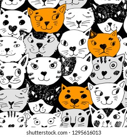 Vector seamless pattern with white cat. Hand drawn illustration of kitten  14