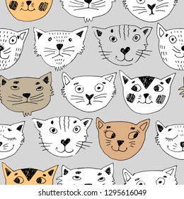 Vector seamless pattern with white cat. Hand drawn illustration of kitten  4