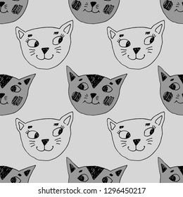 Vector seamless pattern with white cat. Hand drawn illustration of kitten  