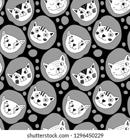 Vector seamless pattern with white cat. Hand drawn illustration of kitten   