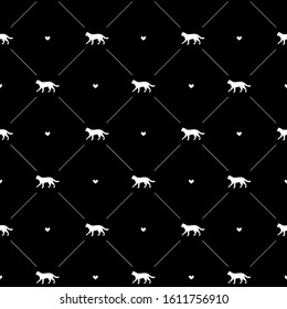 Vector seamless pattern of white cat silhouette and hearts isolated on black background