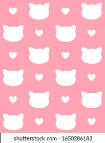 Vector seamless pattern of white cat head silhouette and hearts isolated on pink background