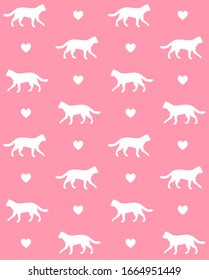 Vector seamless pattern of white cat silhouette and hearts isolated on pink background