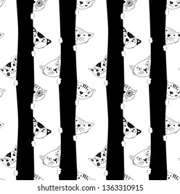 Vector seamless pattern with white cats. Hand drawn illustration of kitten. White and black.  6