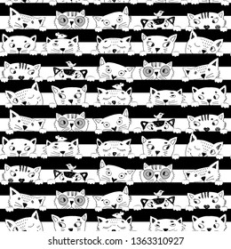 Vector seamless pattern with white cats, mice and birds. Hand drawn illustration of kitten, mouse and birdie. White and black.