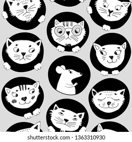 Vector seamless pattern with white cats and mice. Hand drawn illustration of kitten and mouse. White and black. 2