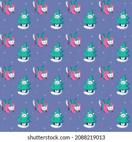 Vector seamless pattern with white cats in costumes on a purple background. Winter Christmas festive texture. Cute animal pet charaters. Decorated fir tree and gift box