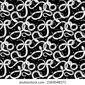 Vector seamless pattern with white celestial snake silhouettes with mystic decorations and stars on a black background. Witchcraft texture with serpents and constellations for fabrics, wallpaper