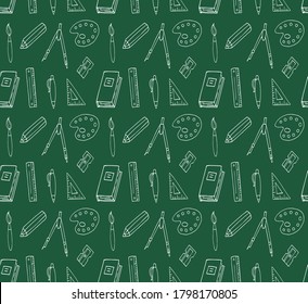 Vector seamless pattern of white chalk hand drawn doodle sketch school office chancellery isolated on green background