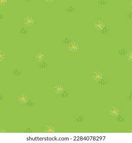 Vector seamless pattern with white chamomiles in green grass in cartoon style. Floral vector design with daisy flowers
