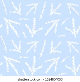 Vector seamless pattern of white Christmas winter pattern of spruce tree branches isolated on blue background