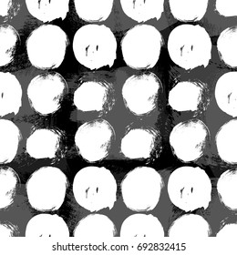 Vector seamless pattern with white circle brush strokes on black background. Abstract hand drawn illustration.