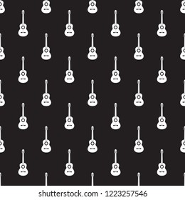 Vector seamless pattern of white classical acoustic guitars on black background.