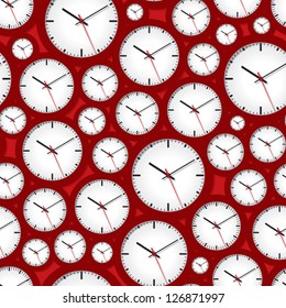 Vector seamless pattern with white clock faces on red background