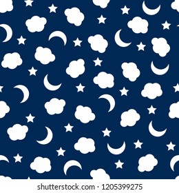 Vector seamless pattern of white clouds, moon and stars on dark blue background.