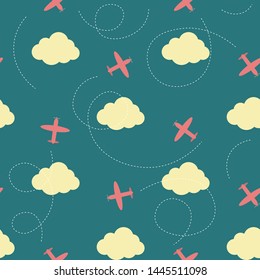 Vector seamless pattern with white clouds and red planes in flat style isolated on a blue background.