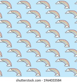vector seamless pattern white clouds and rainbow hand drawing doodle style abstract isolated on blue sky background