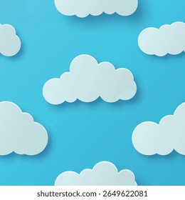 Vector Seamless Pattern with White Clouds on Blue Sky Background. Cloud Illustration for Kids Room Decor, Wallpaper, Fabric. Cartoon Paper Cloud Design, Cute Seamless Background