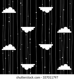 vector seamless pattern of white clouds and rain motifs on black background