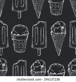 Vector seamless pattern with white contour ice cream on dark background