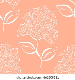 Vector seamless pattern of white contour of ornate roses with peach color backdrop