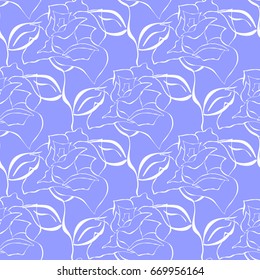Vector seamless pattern of white contour of roses with blue backdrop
