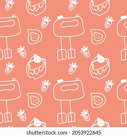 Vector seamless pattern white cooking on orange isolated background.Cafe,restaurant,kitchen print hand painted.Design for wrapping paper,packaging,textile,fabric,backdrop,wallpaper,scrapbook paper.