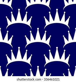 Vector seamless pattern with white crown silhouettes on blue background. Royal blue and white tiaras background. Simple vector crown pattern. Crown with jewels shapes and bright blue background. 