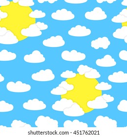Vector seamless pattern with white cumulus clouds and yellow sun on the blue background.