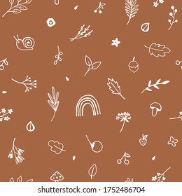 Vector seamless pattern with white cute forest elements.