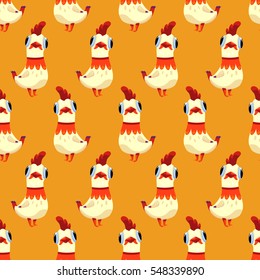 Vector seamless pattern with white cute rooster on a yellow background. New year card with funny cartoon character - the symbol of 2017. Concept for design t-shirt print, poster, stickers