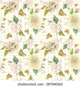 Vector seamless pattern with white dahlia. Cute style. White, beige watercolor flowers, leaves and butterflies on white background and yellow stripes.
