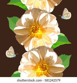 Vector seamless pattern of white dahlias with leaves and butterflies on a brown background