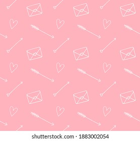 Vector seamless pattern of white Valentine’s Day hearts arrows and letters isolated on pink background