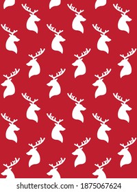 Vector seamless pattern of white deer head silhouette isolated on red background