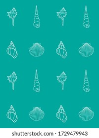 Vector seamless pattern of white different hand drawn doodle sketch shell isolated on blue background