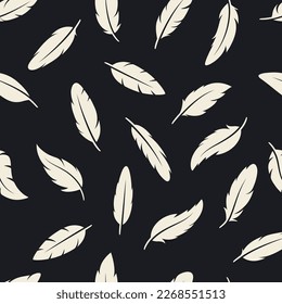 Vector Seamless Pattern with White Different Black Fluffy Feather Silhouettes on Black Background. Design Template of Flamingo, Angel, Bird Feathers for Wall Paper, Textile. Lightness, Freedom Concept