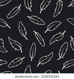 Vector Seamless Pattern with White Different Black Fluffy Feather Silhouettes on Black Background. Design Template of Flamingo, Angel, Bird Feathers for Wall Paper, Textile. Lightness, Freedom Concept