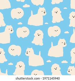 Vector seamless pattern. White dogs with clouds on a blue background. Cute repeating print for textiles, paper, design.