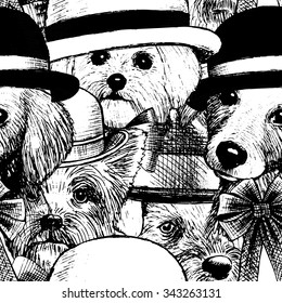 Vector seamless pattern with white dogs in hats and bows. White and black.