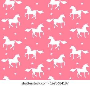Vector seamless pattern of white doodle sketch unicorn silhouette isolated on pink background