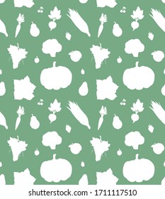 Vector seamless pattern of white doodle fruit and vegetables silhouette isolated on green mint background