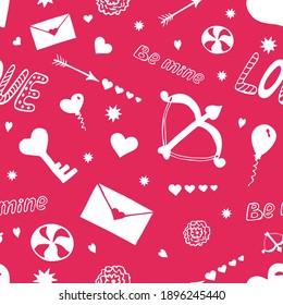 Vector seamless pattern with white doodles to Valentine's day on pink background. Seamless pattern with arrows of Cupid. Vector illustration.