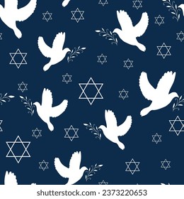 Vector seamless pattern with the white dove of Peace with branch and Stars of David on a dark blue background