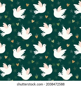 Vector seamless pattern with white doves, hearts, and stars. Elegant repeated texture with birds. Endless print for fabric and wrapping paper. 