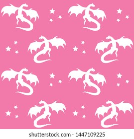Vector seamless pattern of white dragon silhouette isolated on pink background 