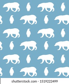 Vector seamless pattern of white emperor penguin and polar bear silhouette isolated on blue background